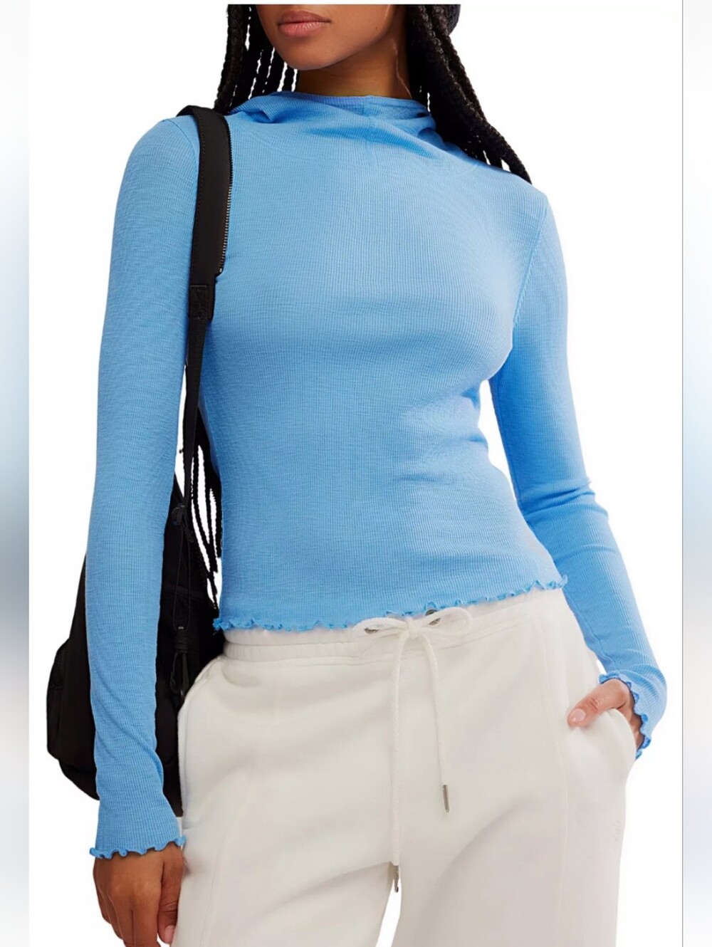 FP Movement Breathe Easy Layer Ribbed Hooded Long-Sleeve Top InRiviera Blue, NWT